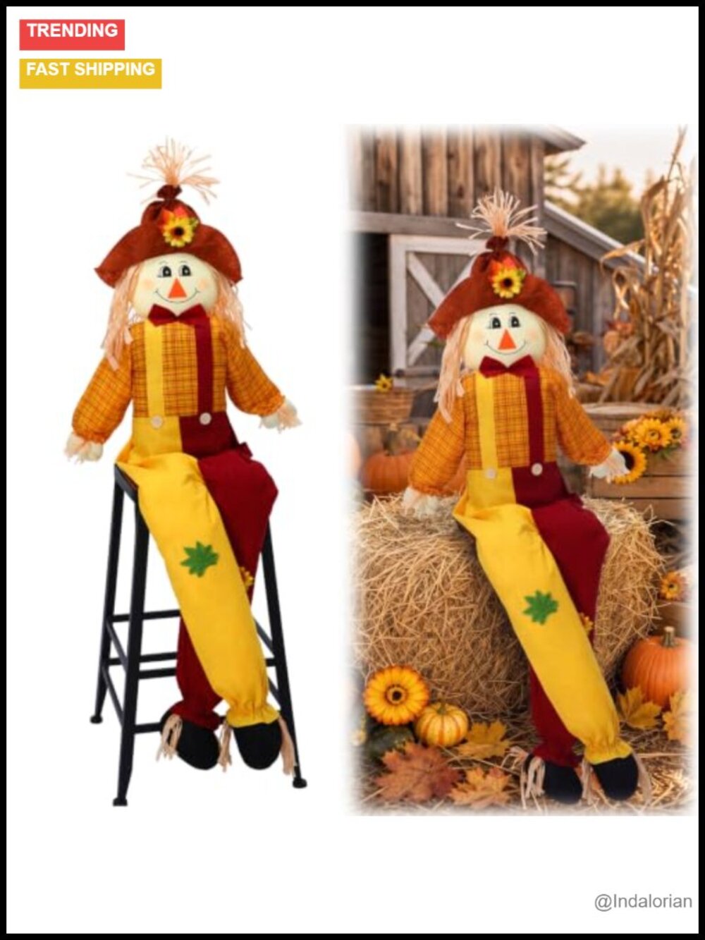 Life Size 60in Sitting Scarecrow Fall Harvest Yard Decor Pumpkin Straw Indoor